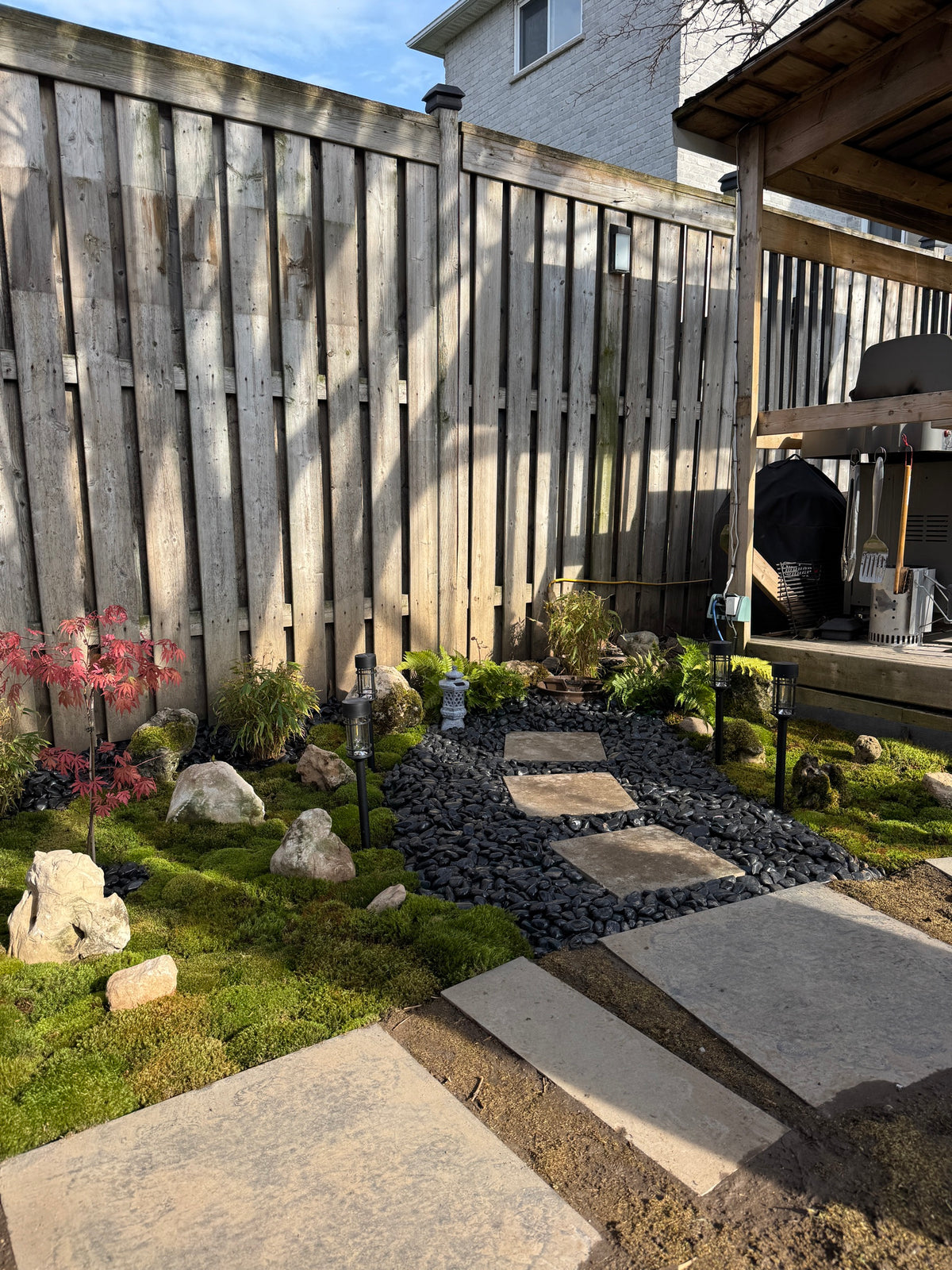 Residential stepping-stone moss garden with black river rock